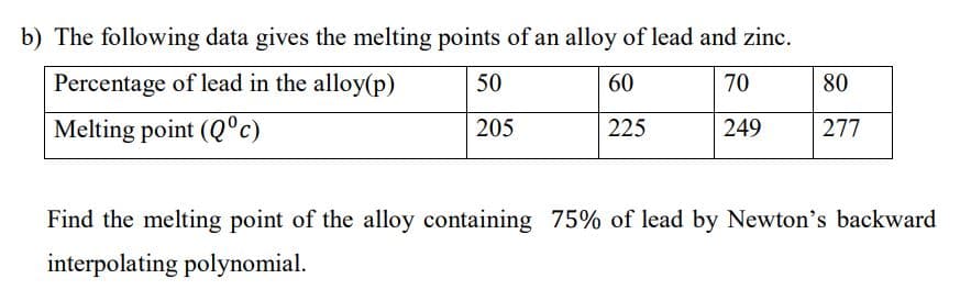 b) The following data gives the melting points of an alloy of lead and zinc.
Percentage of lead in the alloy(p)
50
60
70
80
Melting point (Q°c)
205
225
249
277
Find the melting point of the alloy containing 75% of lead by Newton's backward
interpolating polynomial.
