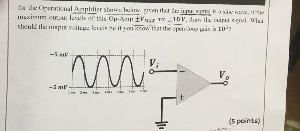 for the Operational Amplifier shown below, given that the input signal is a sine wave, if the
maximum output levels of this Op-Amp +VMAX are ±10 V, draw the output signal. What
should the output voltage levels be if you know that the open-loop gain is 105?
+5 mV
Vi
Vo
-5 mV
1 ms
2 ms
3 ms
4 ms
5 ms
6 ms
7 ms
(5 points)
루
