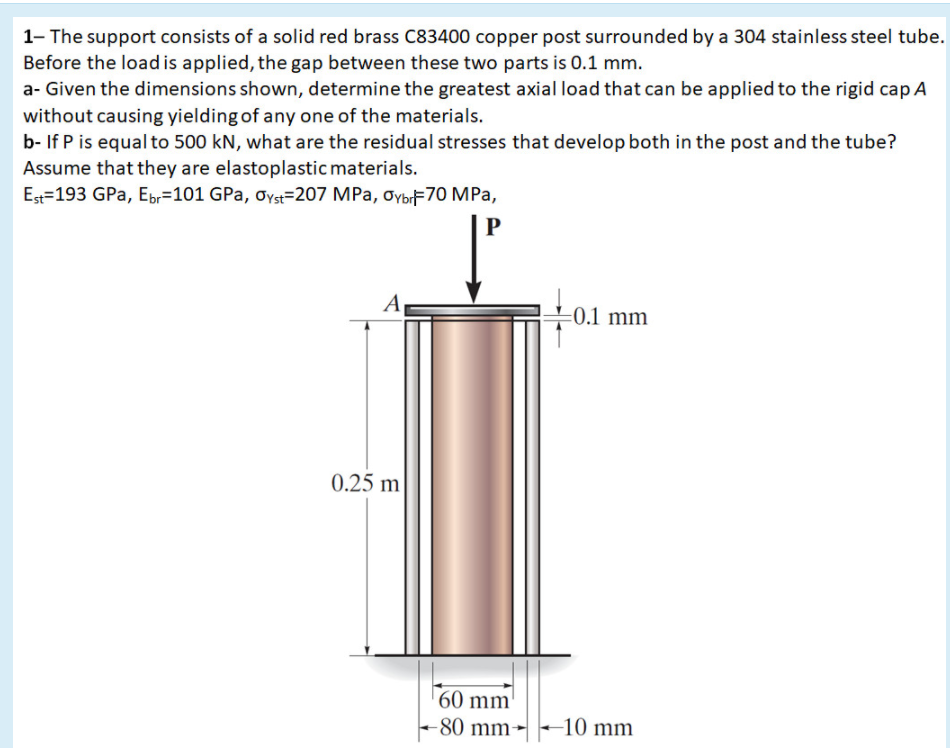1- The support consists of a solid red brass C83400 copper post surrounded by a 304 stainless steel tube.
Before the load is applied, the gap between these two parts is 0.1 mm.
a- Given the dimensions shown, determine the greatest axial load that can be applied to the rigid cap A
without causing yielding of any one of the materials.
b- If P is equal to 500 kN, what are the residual stresses that develop both in the post and the tube?
Assume that they are elastoplastic materials.
Est=193 GPa, Ebr=101 GPa, Oyst=207 MPa, OybrF70 MPa,
A
=0.1 mm
0.25 m
60 mm'
-80 mm-
-10 mm
