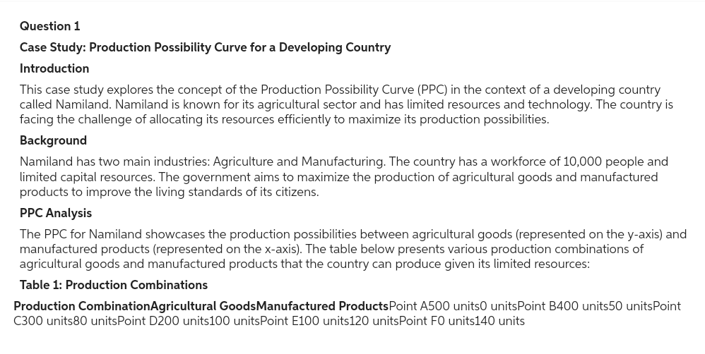Question 1
Case Study: Production Possibility Curve for a Developing Country
Introduction
This case study explores the concept of the Production Possibility Curve (PPC) in the context of a developing country
called Namiland. Namiland is known for its agricultural sector and has limited resources and technology. The country is
facing the challenge of allocating its resources efficiently to maximize its production possibilities.
Background
Namiland has two main industries: Agriculture and Manufacturing. The country has a workforce of 10,000 people and
limited capital resources. The government aims to maximize the production of agricultural goods and manufactured
products to improve the living standards of its citizens.
PPC Analysis
The PPC for Namiland showcases the production possibilities between agricultural goods (represented on the y-axis) and
manufactured products (represented on the x-axis). The table below presents various production combinations of
agricultural goods and manufactured products that the country can produce given its limited resources:
Table 1: Production Combinations
Production Combination Agricultural Goods Manufactured Products Point A500 units0 unitsPoint B400 units50 unitsPoint
C300 units80 unitsPoint D200 units100 unitsPoint E100 units120 unitsPoint FO units140 units