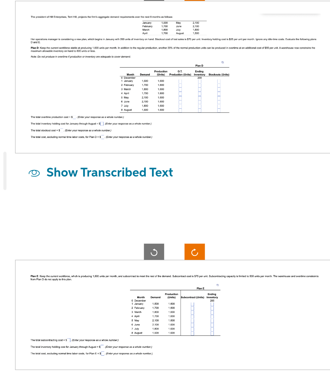 The president of Hill Enterprises, Terri Hill, projects the firm's aggregate demand requirements over the next 8 months as follows:
January
February
March
1,600
1,700
1,800
April
1,700
Month
0 December
1 January
2 February
3 March
Her operations manager is considering a new plan, which begins in January with 200 units of inventory on hand. Stockout cost of lost sales is $70 per unit. Inventory holding cost is $25 per unit per month. Ignore any idle-time costs. Evaluate the following plans
D and E.
4 April
6 May
6 June
Plan D: Keep the current workforce stable at producing 1,600 units per month. In addition to the regular production, another 20% of the normal production units can be produced in overtime at an additional cost of $55 per unit. A warehouse now constrains the
maximum allowable inventory on hand to 600 units or less.
Note: Do not produce in overtime if production or inventory are adequate to cover demand.
7 July
8 August
Demand
1,500
1,700
1,800
1,700
2,100
2,100
1,800
1,500
The total overtime production cost-S (Enter your response as a whole number)
The total inventory holding cost for January through August (Enter your response as a whole number.)
The total stockout cost = $(Enter your response as a whole number.)
The total cost, excluding normal time labor costs, for Plan D=$(Enter your response as a whole number.)
4 April
5 May
6 June
Show Transcribed Text
1.600
1,600
1,600
1,600
1,600
1,600
1,600
1,600
May
June
1,500
2 February 1,700
3 March
1.800
1,700
2.100
2,100
1.800
1,500
7 July
8 August
الأسال
The total subcontracting cost=$. (Enter your response as a whole number)
The total inventory holding cost for January through August = $(Enter your response as a whole number.)
The total cost, excluding normal time labor costs, for Plan E = $. (Enter your response as a whole number.)
August
2,100
2,100
1,800
1,500
Plan D
O.T.
Ending
Production
(Units) Production (Units) Inventory Stockouts (Units)
200
Plan E: Keep the current workforce, which is producing 1,800 units per month, and subcontract to meet the rest of the demand. Subcontract cost is $75 per unit. Subcontracting capacity is limited to 500 units per month. The warehouse and overtime constraints
from Plan D do not apply to this plan.
1,600
1,600
1.600
1,600
1,800
1.600
1.600
1,600
Production
Ending
Month Demand (Units) Subcontract (Units) Inventory
200
0 December
1 January
Plan E
D
e