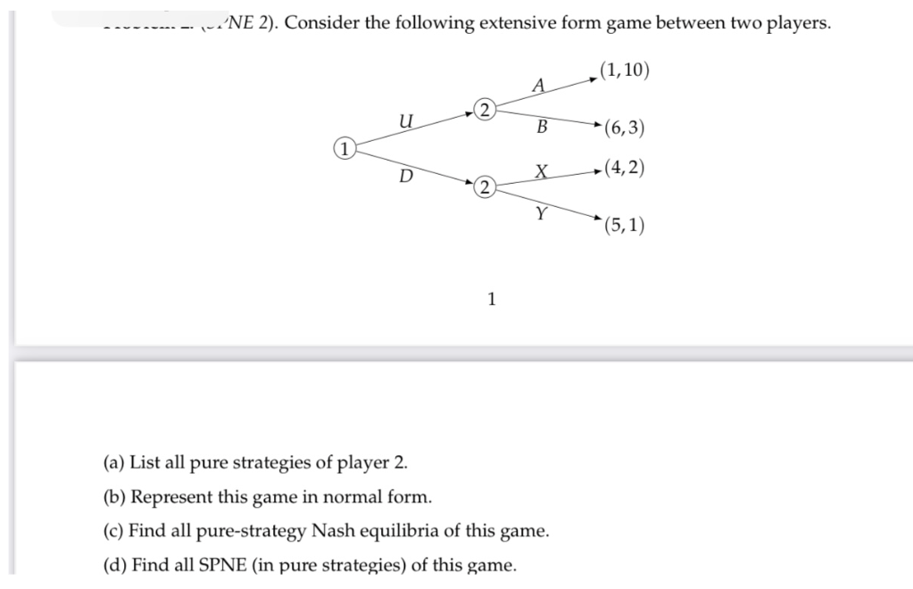 NE 2). Consider the following extensive form game between two players.
(1,10)
u
D
1
B
X
(a) List all pure strategies of player 2.
(b) Represent this game in normal form.
(c) Find all pure-strategy Nash equilibria of this game.
(d) Find all SPNE (in pure strategies) of this game.
(6,3)
(4,2)
(5,1)