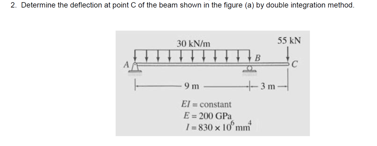 2. Determine the deflection at point C of the beam shown in the figure (a) by double integration method.
30 kN/m
- 9 m
El = constant
E = 200 GPa
+-3 m
4
I=830 x 10 mm
55 kN