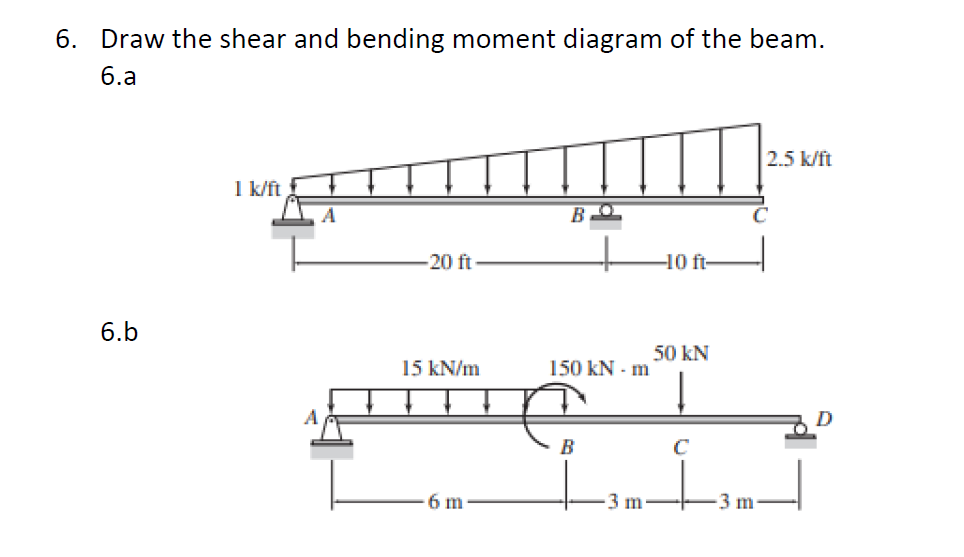 6. Draw the shear and bending moment diagram of the beam.
6.a
6.b
1 k/ft
A
-20 ft-
15 kN/m
6 m-
BO
+
150 kN - m
B
3 m
-10 ft-
50 KN
2.5 k/ft
C
C
+--3m-