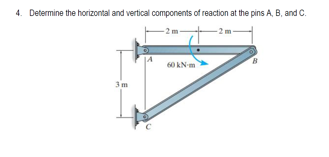 4. Determine the horizontal and vertical components of reaction at the pins A, B, and C.
3 m
2 m
60 kN-m
2 m
B