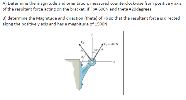 A) Determine the magnitude and orientation, measured counterclockwise from positive y axis,
of the resultant force acting on the bracket, if Fb= 600N and theta =20degrees.
B) determine the Magnitude and direction (theta) of Fb so that the resultant force is directed
along the positive y axis and has a magnitude of 1500N.
F=700 N
30A

