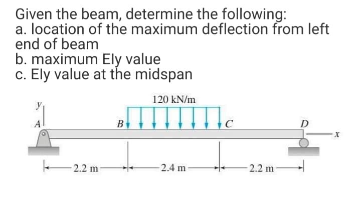 Given the beam, determine the following:
a. location of the maximum deflection from left
end of beam
b. maximum Ely value
c. Ely value at the midspan
120 kN/m
y
B
D
-2.2 m
2.4 m
2.2 m

