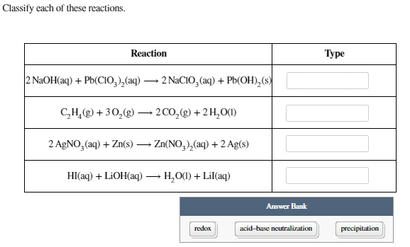 Classify each of these reactions.
Reaction
2 NaOH(aq) + Pb(CIO3)₂(aq) -
C₂H₂(g) + 30₂(g) -
2 AgNO3(aq) + Zn(s)
HI(aq) + LiOH(aq)
2 NaC1O3(aq) + Pb(OH)₂ (s)
2 CO₂(g) + 2 H₂O(1)
Zn(NO3)₂(aq) + 2 Ag(s)
H₂O(1) + Lil(aq)
redox
Answer Bank
acid-base neutralization
Type
precipitation