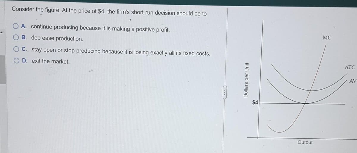 Consider the figure. At the price of $4, the firm's short-run decision should be to
O A. continue producing because it is making a positive profit.
B. decrease production.
C. stay open or stop producing because it is losing exactly all its fixed costs.
D. exit the market.
(...)
Dollars per Unit
$4
Output
MC
ATC
AV