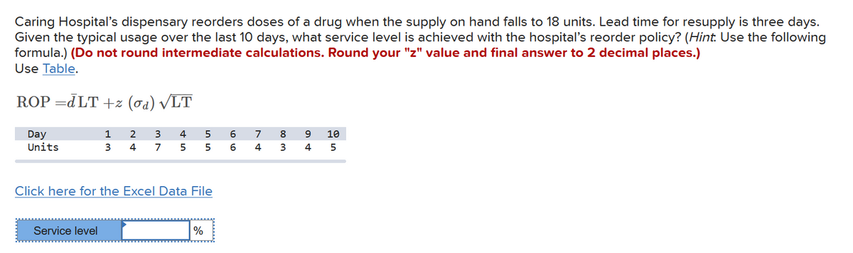 Caring Hospital's dispensary reorders doses of a drug when the supply on hand falls to 18 units. Lead time for resupply is three days.
Given the typical usage over the last 10 days, what service level is achieved with the hospital's reorder policy? (Hint. Use the following
formula.) (Do not round intermediate calculations. Round your "z" value and final answer to 2 decimal places.)
Use Table.
ROP =dLT +2 (od) √LT
Day
Units
1
3
2 3
4
4 7 5
Service level
Click here for the Excel Data File
5
5
%
6
6
7
4
8
3
9
4
10
5