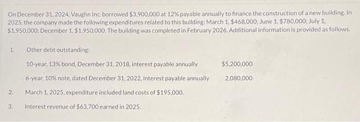 On December 31, 2024, Vaughn Inc. borrowed $3,900,000 at 12% payable annually to finance the construction of a new building. In
2025, the company made the following expenditures related to this building: March 1, $468,000; June 1, $780,000, July 1,
$1,950,000; December 1, $1,950,000. The building was completed in February 2026. Additional information is provided as follows.
1. Other debt outstanding:
10-year, 13% bond, December 31, 2018, interest payable annually
6-year, 10% note, dated December 31, 2022, interest payable annually
March 1, 2025, expenditure included land costs of $195,000.
2.
3. Interest revenue of $63,700 earned in 2025,
$5,200,000
2,080,000