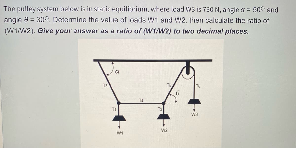 The pulley system below is in static equilibrium, where load W3 is 730 N, angle a =
500 and
angle 0 = 300. Determine the value of loads W1 and W2, then calculate the ratio of
(W1/W2). Give your answer as a ratio of (W1/W2) to two decimal places.
a
T3
T5
T6
T4
T1
T2
W3
W2
W1
