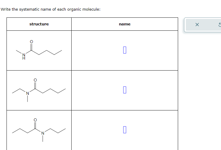 Write the systematic name of each organic molecule:
structure
ifr
name
0
0
X