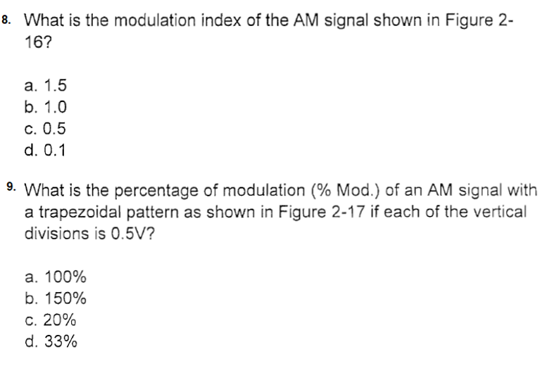 8. What is the modulation index of the AM signal shown in Figure 2-
16?
a. 1.5
b. 1.0
c. 0.5
d. 0.1
⁹. What is the percentage of modulation (% Mod.) of an AM signal with
a trapezoidal pattern as shown in Figure 2-17 if each of the vertical
divisions is 0.5V?
a. 100%
b. 150%
c. 20%
d. 33%