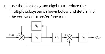 1. Use the block diagram algebra to reduce the
multiple subsystems shown below and determine
the equivalent transfer function.
R(s)
H
G₁
日日
G₂
C(s)