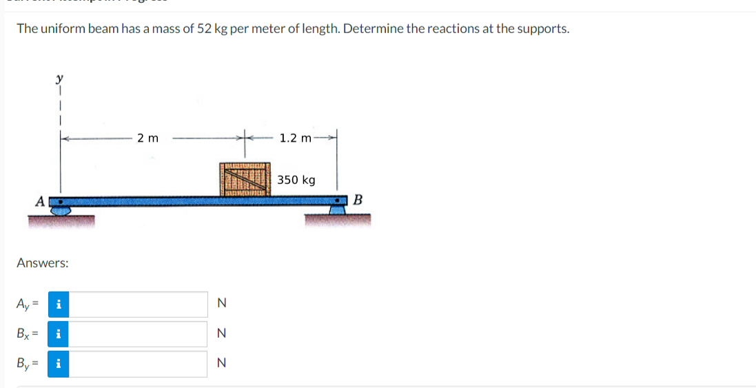 The uniform beam has a mass of 52 kg per meter of length. Determine the reactions at the supports.
A
Answers:
Ay =
Bx=
By:
=
i
i
i
2 m
N
Z Z Z
N
N
1.2 m
350 kg
B