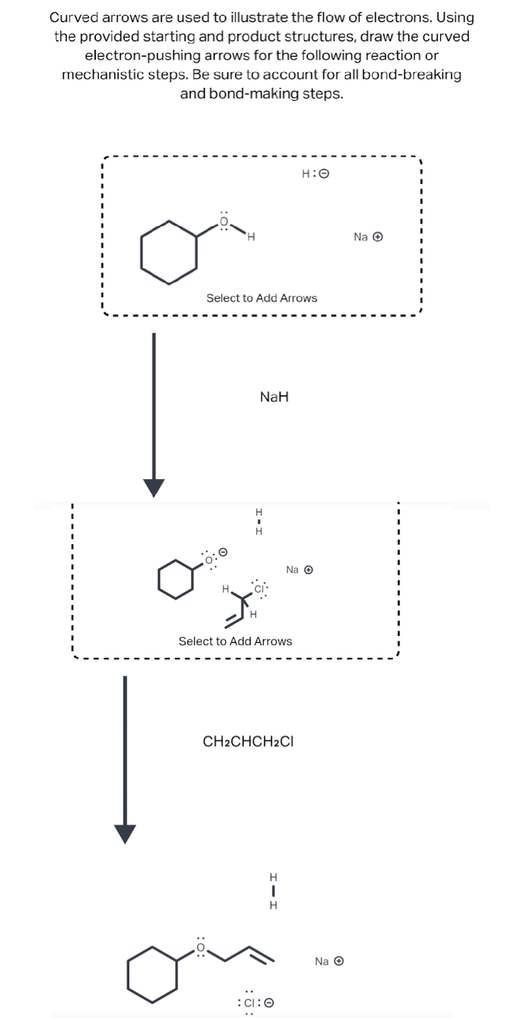 Curved arrows are used to illustrate the flow of electrons. Using
the provided starting and product structures, draw the curved
electron-pushing arrows for the following reaction or
mechanistic steps. Be sure to account for all bond-breaking
and bond-making steps.
|
Select to Add Arrows
NaH
H
Select to Add Arrows
H:O
Na Ⓒ
CH2CHCH2Cl
H
H
ou!
0:0
Na Ⓒ
Na Ⓒ