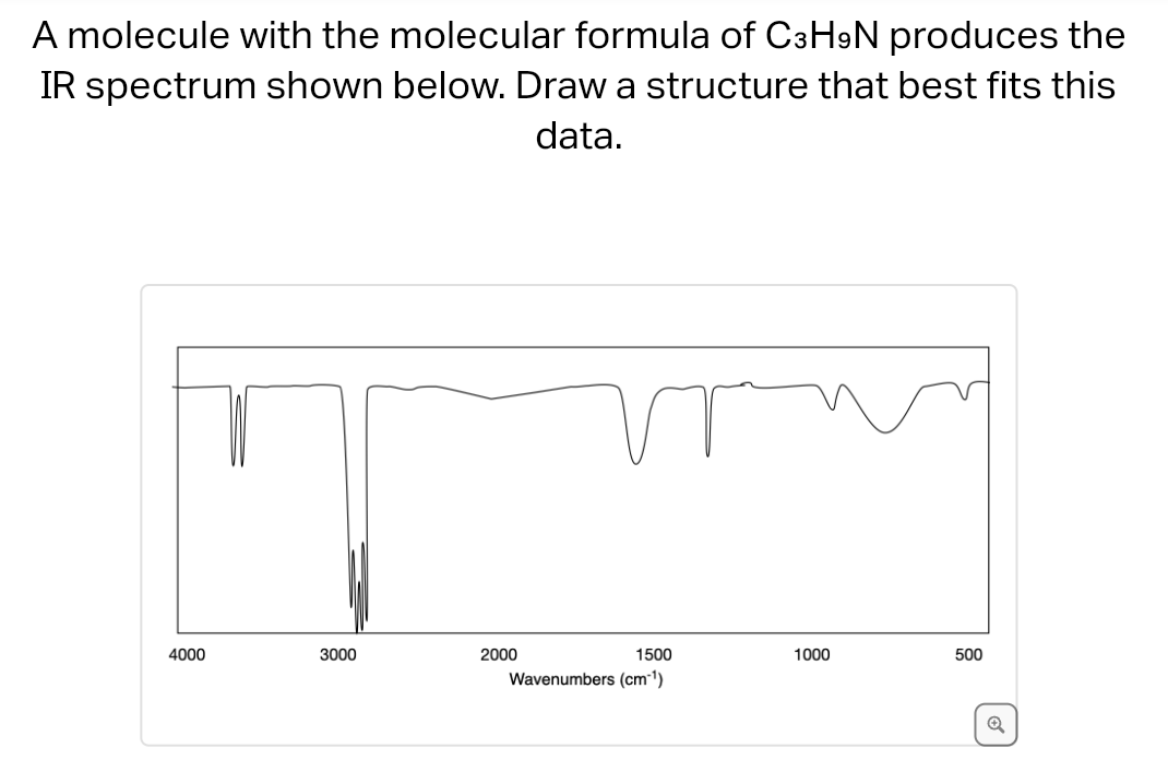A molecule with the molecular formula of C3H9N produces the
IR spectrum shown below. Draw a structure that best fits this
data.
4000
3000
2000
1500
Wavenumbers (cm-¹)
1000
500