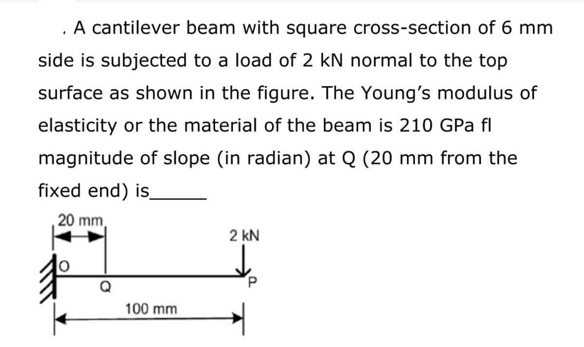 A cantilever beam with square cross-section of 6 mm
side is subjected to a load of 2 kN normal to the top
surface as shown in the figure. The Young's modulus of
elasticity or the material of the beam is 210 GPa fl
magnitude of slope (in radian) at Q (20 mm from the
fixed end) is_
20 mm,
2 kN
100 mm