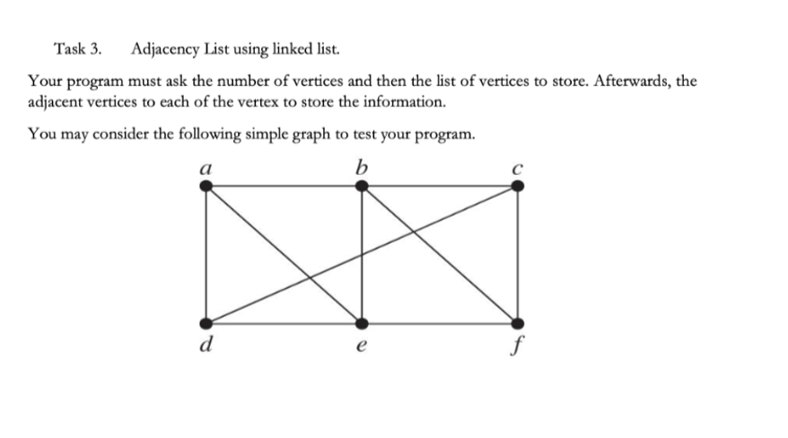 Task 3.
Adjacency List using linked list.
Your program must ask the number of vertices and then the list of vertices to store. Afterwards, the
adjacent vertices to each of the vertex to store the information.
You may consider the following simple graph to test your program.
a
b
d
e