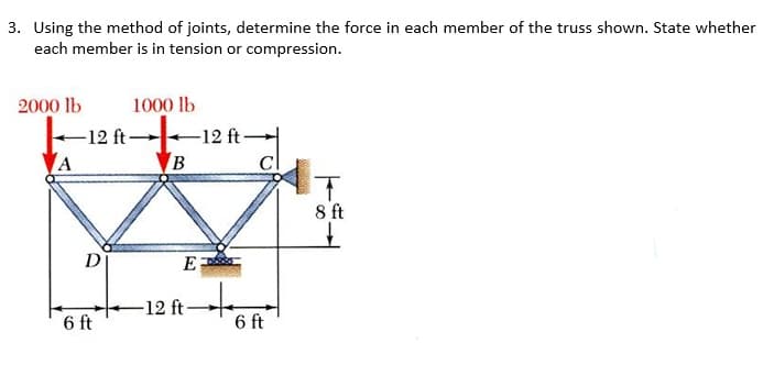 3. Using the method of joints, determine the force in each member of the truss shown. State whether
each member is in tension or compression.
2000 lb
1000 lb
-12 ft -
-12 ft-
A
B
8 ft
D
-12 ft
6 ft
6 ft

