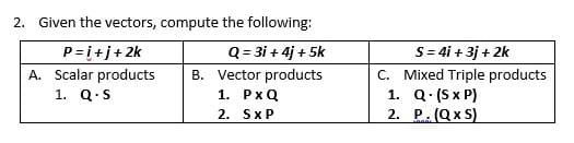 2. Given the vectors, compute the following:
P= i+j+ 2k
A. Scalar products
1. Q.S
Q = 3i + 4j + 5k
B. Vector products
1. PxQ
S= 4i + 3j + 2k
C. Mixed Triple products
1. Q. (S x P)
2. P. (Qx S)
2. SxP
