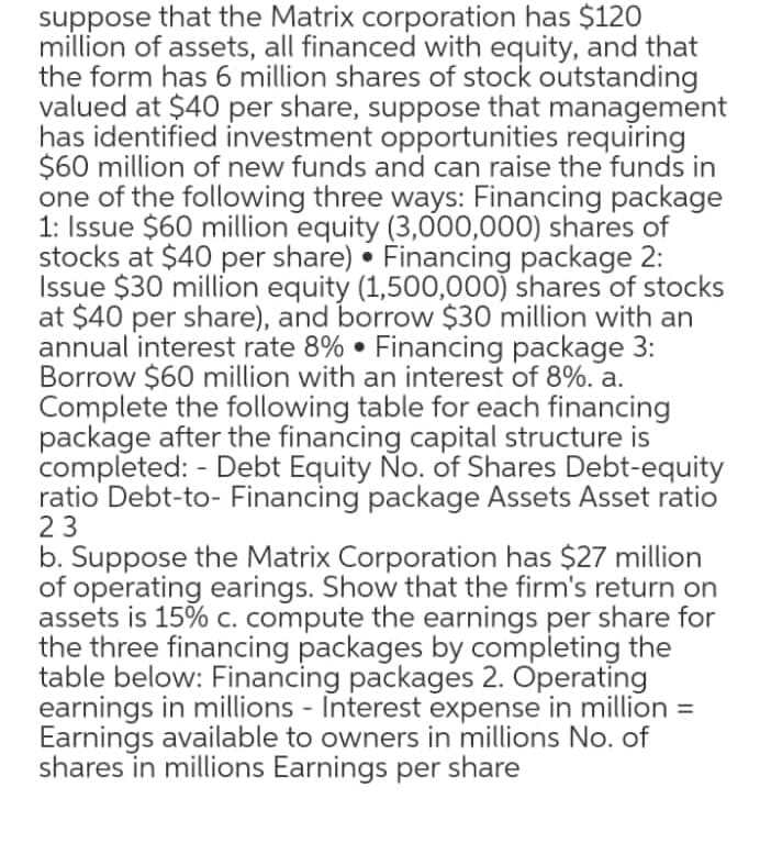 suppose that the Matrix corporation has $120
million of assets, all financed with equity, and that
the form has 6 million shares of stock outstanding
valued at $40 per share, suppose that management
has identified investment opportunities requiring
$60 million of new funds and can raise the funds in
one of the following three ways: Financing package
1: Issue $60 million equity (3,000,000) shares of
stocks at $40 per share) • Financing package 2:
Issue $30 million equity (1,500,000) shares of stocks
at $40 per share), and borrow $30 million with an
annual interest rate 8% • Financing package 3:
Borrow $60 million with an interest of 8%. a.
Complete the following table for each financing
package after the financing capital structure is
completed: - Debt Equity No. of Shares Debt-equity
ratio Debt-to- Financing package Assets Asset ratio
23
b. Suppose the Matrix Corporation has $27 million
of operating earings. Show that the firm's return on
assets is 15% c. compute the earnings per share for
the three financing packages by completing the
table below: Financing packages 2. Operating
earnings in millions - Interest expense in million =
Earnings available to owners in millions No. of
shares in millions Earnings per share
