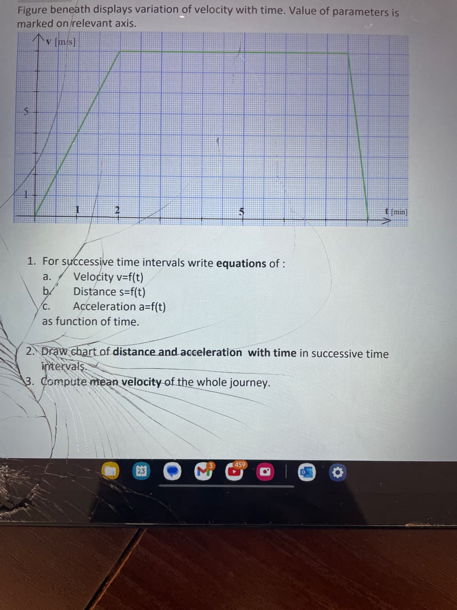 Figure beneath displays variation of velocity with time. Value of parameters is
marked on/relevant axis.
Av [m/s]
5
2
1. For successive time intervals write equations of :
Velocity v=f(t)
Distance s=f(t)
a.
b
C. Acceleration a=f(t)
as function of time.
2. Draw chart of distance and acceleration with time in successive time
intervals.
3. Compute mean velocity of the whole journey.
23
459
●°
t[min]
03