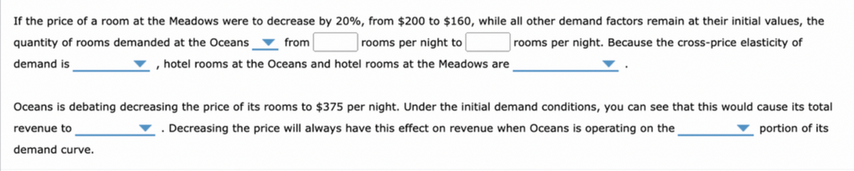 If the price of a room at the Meadows were to decrease by 20%, from $200 to $160, while all other demand factors remain at their initial values, the
rooms per night. Because the cross-price elasticity of
quantity of rooms demanded at the Oceans
from
rooms per night to
demand is
, hotel rooms at the Oceans and hotel rooms at the Meadows are
Oceans is debating decreasing the price of its rooms to $375 per night. Under the initial demand conditions, you can see that this would cause its total
revenue to
. Decreasing the price will always have this effect on revenue when Oceans is operating on the
portion of its
demand curve.