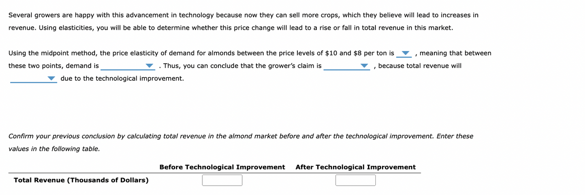 Several growers are happy with this advancement in technology because now they can sell more crops, which they believe will lead to increases in
revenue. Using elasticities, you will be able to determine whether this price change will lead to a rise or fall in total revenue in this market.
Using the midpoint method, the price elasticity of demand for almonds between the price levels of $10 and $8 per ton is , meaning that between
these two points, demand is
. Thus, you can conclude that the grower's claim is
because total revenue will
due to the technological improvement.
Confirm your previous conclusion by calculating total revenue in the almond market before and after the technological improvement. Enter these
values in the following table.
Total Revenue (Thousands of Dollars)
Before Technological Improvement After Technological Improvement