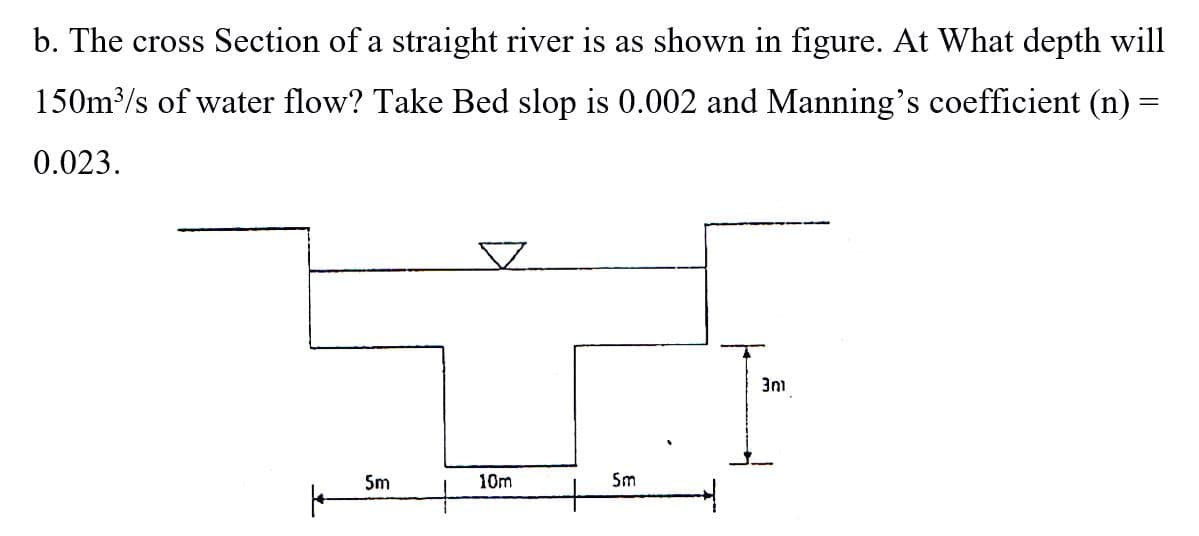 b. The cross Section of a straight river is as shown in figure. At What depth will
150m3/s of water flow? Take Bed slop is 0.002 and Manning's coefficient (n)
%3D
0.023.
5m
10m
Sm

