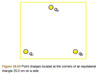 qa
Ф
Figure 18.54 Point charges located at the corners of an equilateral
triangle 25.0 cm on a side.
