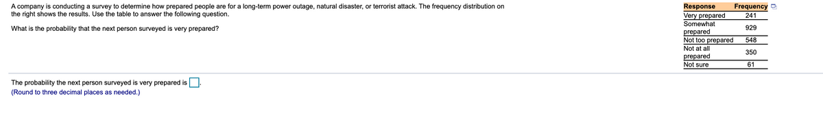 A company is conducting a survey to determine how prepared people are for a long-term power outage, natural disaster, or terrorist attack. The frequency distribution on
the right shows the results. Use the table to answer the following question.
Response
Very prepared
Frequency D
241
Somewhat
What is the probability that the next person surveyed is very prepared?
929
prepared
Not too prepared
548
Not at all
350
prepared
Not sure
61
The probability the next person surveyed is very prepared is
(Round to three decimal places as needed.)
