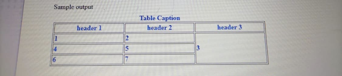 Sample output
Table Caption
header 1
header 2
header 3
2
3
