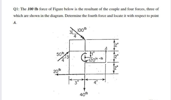 Ql: The 100 tb force of Figure below is the resultant of the couple and four forces, three of
which are shown in the diagram. Determine the fourth force and locate it with respect to point
А.
100
50
120n-1b
2"
20b
4"
40b
