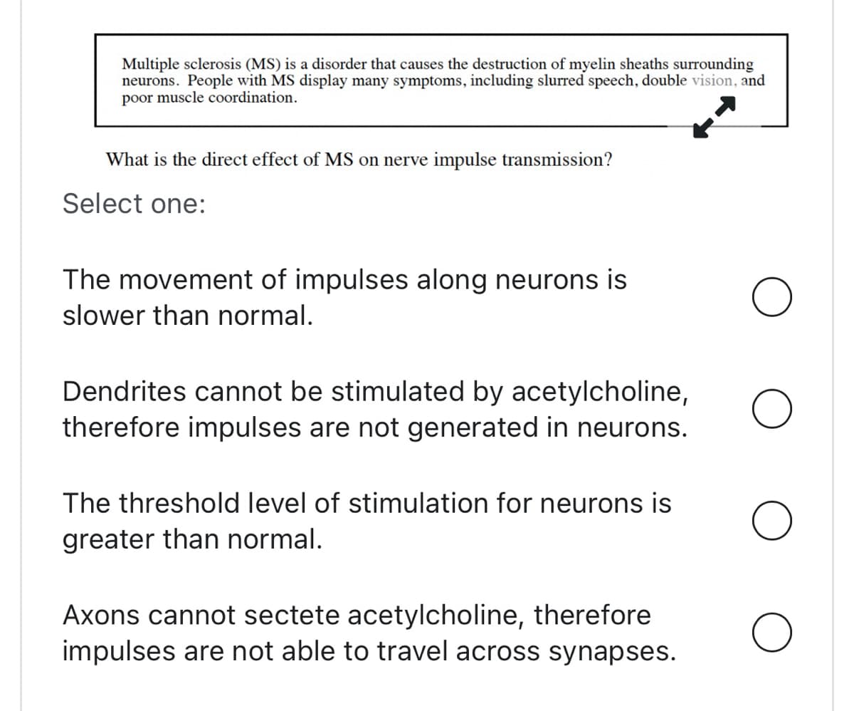 Multiple sclerosis (MS) is a disorder that causes the destruction of myelin sheaths surrounding
neurons. People with MS display many symptoms, including slurred speech, double vision, and
poor muscle coordination.
What is the direct effect of MS on nerve impulse transmission?
Select one:
The movement of impulses along neurons is
slower than normal.
Dendrites cannot be stimulated by acetylcholine,
therefore impulses are not generated in neurons.
The threshold level of stimulation for neurons is
greater than normal.
Axons cannot sectete acetylcholine, therefore
impulses are not able to travel across synapses.
O