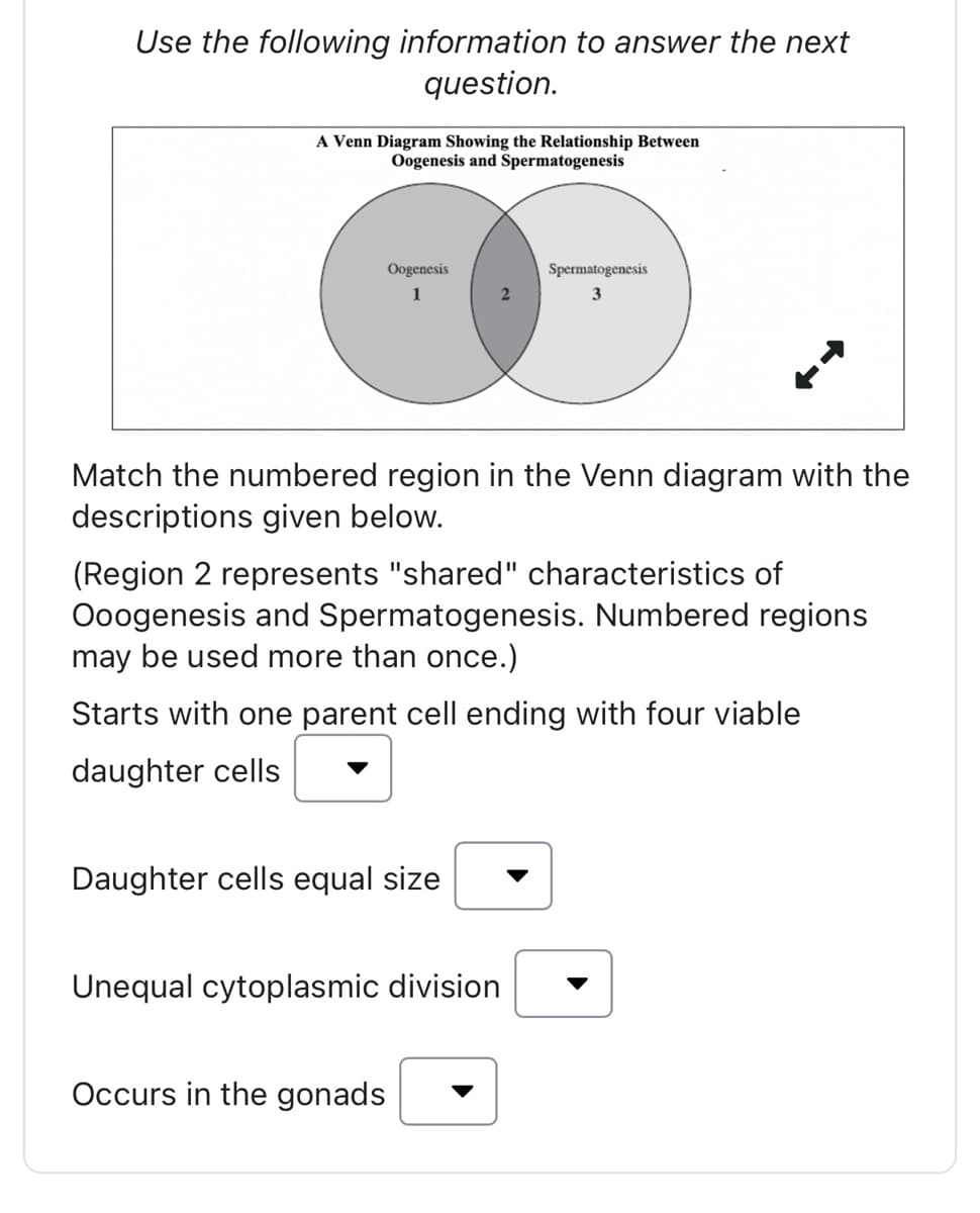Use the following information to answer the next
question.
A Venn Diagram Showing the Relationship Between
Oogenesis and Spermatogenesis
Oogenesis
1
Match the numbered region in the Venn diagram with the
descriptions given below.
(Region 2 represents "shared" characteristics of
Ooogenesis and Spermatogenesis. Numbered regions
may be used more than once.)
Starts with one parent cell ending with four viable
daughter cells
Daughter cells equal size
Spermatogenesis
3
Unequal cytoplasmic division
Occurs in the gonads