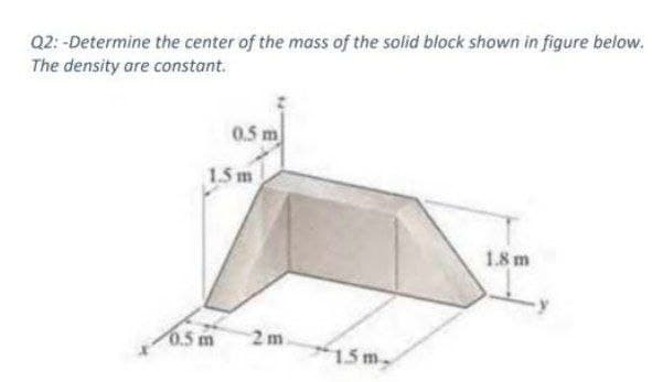Q2: -Determine the center of the mass of the solid block shown in figure below.
The density are constant.
0.5 m
1.5 m
1.8 m
0.5 m
2 m
15m.
