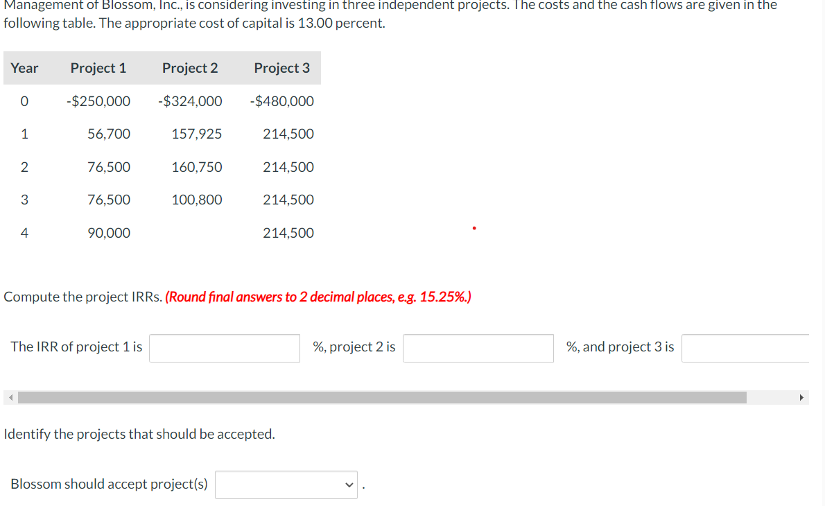 Management of Blossom, Inc., is considering investing in three independent projects. The costs and the cash flows are given in the
following table. The appropriate cost of capital is 13.00 percent.
Year
0
1
2
3
4
Project 1
-$250,000
56,700
76,500
76,500
90,000
Project 2
-$324,000
The IRR of project 1 is
157,925
160,750
100,800
Project 3
-$480,000
214,500
Blossom should accept project(s)
214,500
214,500
Compute the project IRRs. (Round final answers to 2 decimal places, e.g. 15.25%.)
214,500
Identify the projects that should be accepted.
%, project 2 is
%, and project 3 is