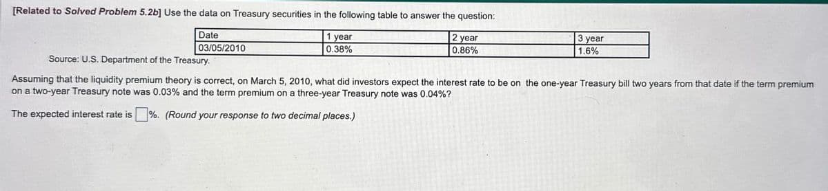 [Related to Solved Problem 5.2b] Use the data on Treasury securities in the following table to answer the question:
Date
03/05/2010
Source: U.S. Department of the Treasury.
1 year
0.38%
2 year
0.86%
3 year
1.6%
Assuming that the liquidity premium theory is correct, on March 5, 2010, what did investors expect the interest rate to be on the one-year Treasury bill two years from that date if the term premium
on a two-year Treasury note was 0.03% and the term premium on a three-year Treasury note was 0.04%?
The expected interest rate is %. (Round your response to two decimal places.)