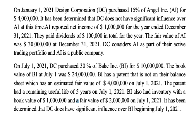 On January 1, 2021 Design Corporation (DC) purchased 15% of Angel Inc. (AI) for
$ 4,000,000. It has been determined that DC does not have significant influence over
AI at this time.AI reported net income of $ 1,000,000 for the year ended December
31, 2021. They paid dividends of $ 100,000 in total for the year. The fair value of AI
was $ 30,000,000 at December 31, 2021. DC considers AI as part of their active
trading portfolio and AI is a public company.
On July 1, 2021, DC purchased 30 % of Bake Inc. (BI) for $ 10,000,000. The book
value of BI at July 1 was $ 24,000,000. BI has a patent that is not on their balance
sheet which has an estimated fair value of $ 4,000,000 on July 1, 2021. The patent
had a remaining useful life of 5 years on July 1, 2021. BI also had inventory with a
book value of $ 1,000,000 and a fair value of $ 2,000,000 on July 1, 2021. It has been
determined that DC does have significant influence over BI beginning July 1, 2021.
