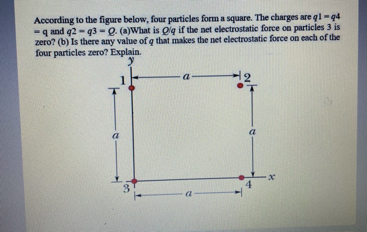 According to the figure below, four particles form a square. The charges are q1 = q4
= q and q2 = q3 = Q. (a)What is Qlq if the net electrostatic force on particles 3 is
zero? (b) Is there any value of q that makes the net electrostatic force on each of the
four particles zero? Explain.
%3D
12
a
a
4
