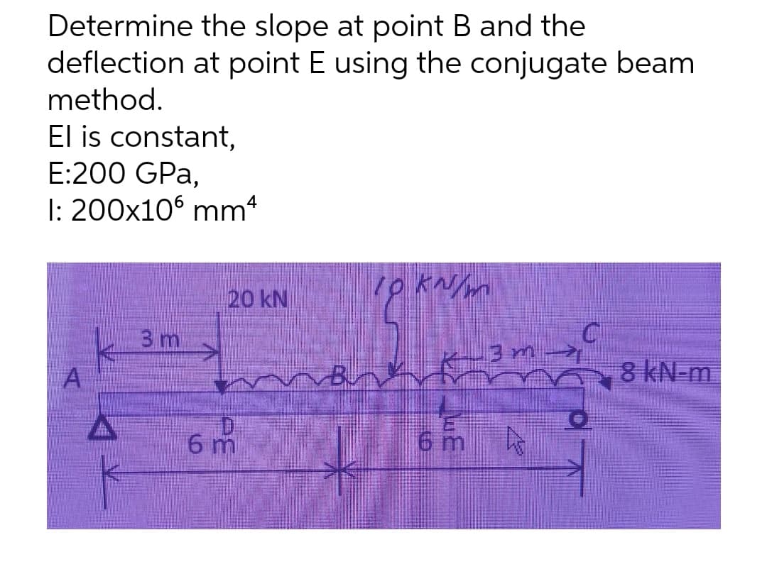 Determine the slope at point B and the
deflection at point E using the conjugate beam
method.
El is constant,
E:200 GPa,
I: 200x106 mm“
1p kN/m
20 kN
3 m
3 m
8 kN-m
D.
6 m
6m
A,
