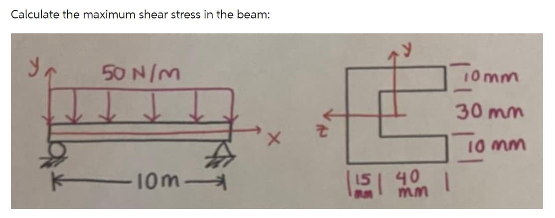 Calculate the maximum shear stress in the beam:
50 N/M
10mm
30 mm
10 mm
10m
40
mm
