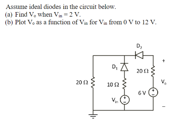 Assume ideal diodes in the circuit below.
(a) Find V, when Vin = 2 V.
(b) Plot V. as a function of Vin for Vin from 0 V to 12 V.
20 Ω
ww
41₁
D₁
10 Ω
Vin
D₂
20 Ω
6V
+
V₂