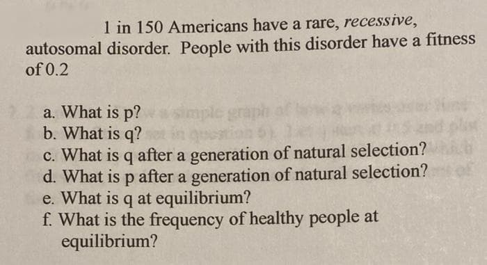 1 in 150 Americans have a rare, recessive,
autosomal disorder. People with this disorder have a fitness
of 0.2
simple graph
a. What is p?
b. What is q?
c. What is q after a generation of natural selection?
d. What is p after a generation of natural selection?
e. What is q at equilibrium?
f. What is the frequency of healthy people at
equilibrium?
