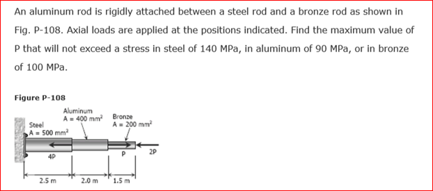 An aluminum rod is rigidly attached between a steel rod and a bronze rod as shown in
Fig. P-108. Axial loads are applied at the positions indicated. Find the maximum value of
P that will not exceed a stress in steel of 140 MPa, in aluminum of 90 MPa, or in bronze
of 100 MPa.
Figure P-108
PARTNER
Aluminum
A=400 mm²
Steel
A = 500 mm²
2.5 m
2.0 m
Bronze
A = 200 mm²
1.5 m
2P