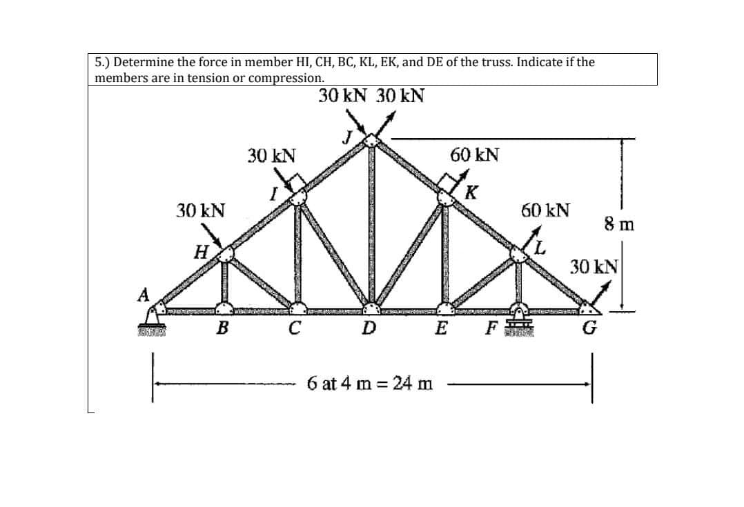 5.) Determine the force in member HI, CH, BC, KL, EK, and DE of the truss. Indicate if the
members are in tension or compression.
30 kN 30 kN
N
30 kN
H
B
30 kN
с
D
6 at 4 m = 24 m
E
60 kN
K
F
60 kN
8 m
30 kN