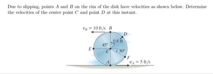 Due to slipping, points A and B on the rim of the disk have velocities as shown below. Determine
the velocities of the center point C and point D at this instant.
VB-10 ft/s B
E
45°
0.8 ft
D
30°
F
VA=5 ft/s