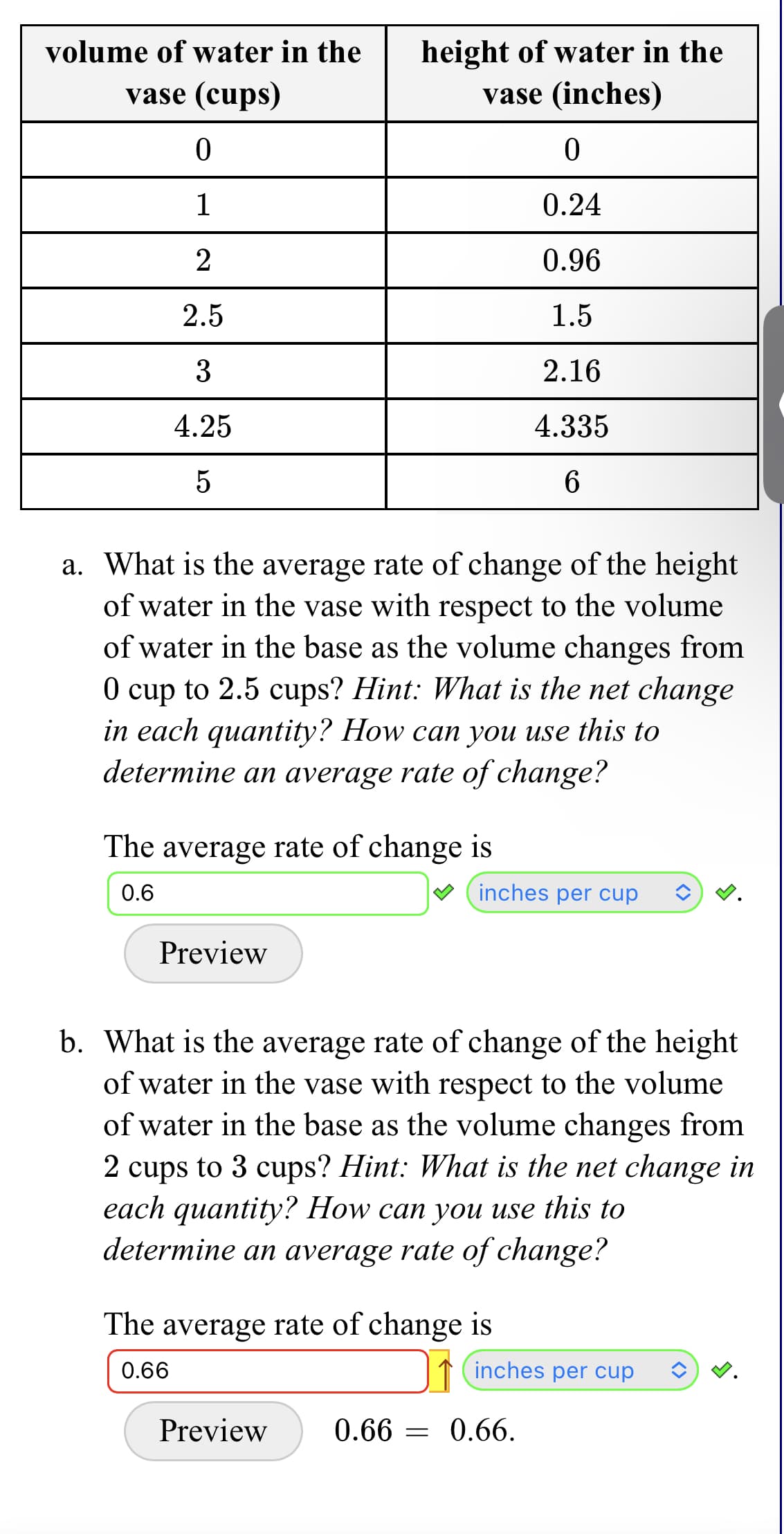 height of water in the
vase (inches)
volume of water in the
vase (cups)
1
0.24
2
0.96
2.5
1.5
3
2.16
4.25
4.335
a. What is the average rate of change of the height
of water in the vase with respect to the volume
of water in the base as the volume changes from
O cup to 2.5 cups? Hint: What is the net change
in each quantity? How can you use this to
determine an average rate of change?
The average rate of change is
0.6
(inches per cup
Preview
b. What is the average rate of change of the height
of water in the vase with respect to the volume
of water in the base as the volume changes from
2
cups
to 3 cups? Hint: What is the net change in
each quantity? How can you use this to
determine an average rate of change?
The average rate of change is
0.66
inches per cup
Preview
0.66 = 0.66.

